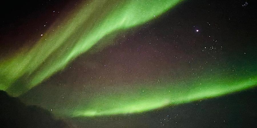 The beautiful northern lights display in the dark sky as shimmering green lines among the stars. 